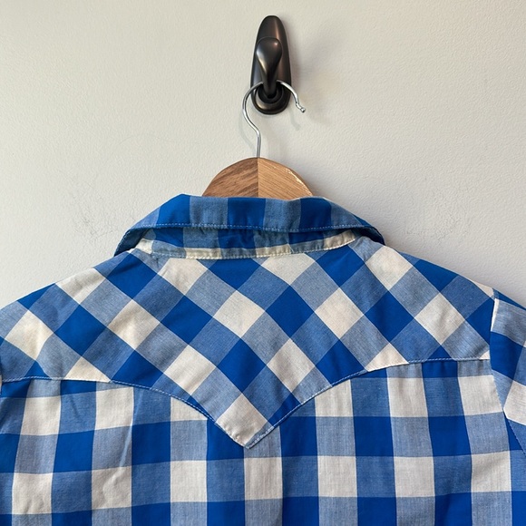 Wrangler Pearl Snap Royal Blue Buffalo Check Western button down Shirt M - Picture 7 of 8